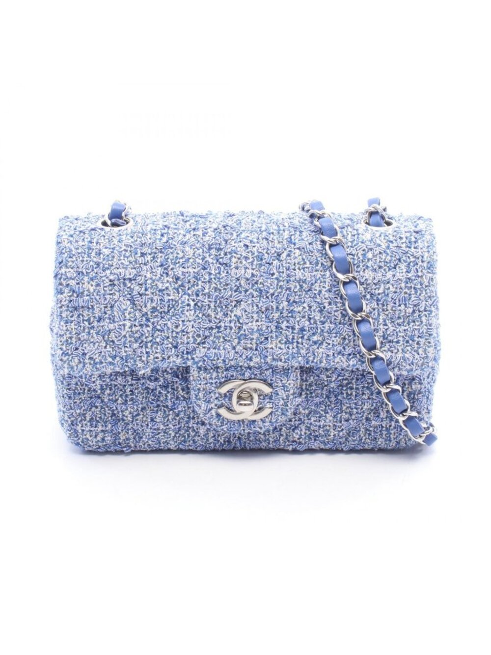 Chanel Shoulder Bag Mini Quilted 20 Blue White Fabric Leather Chain